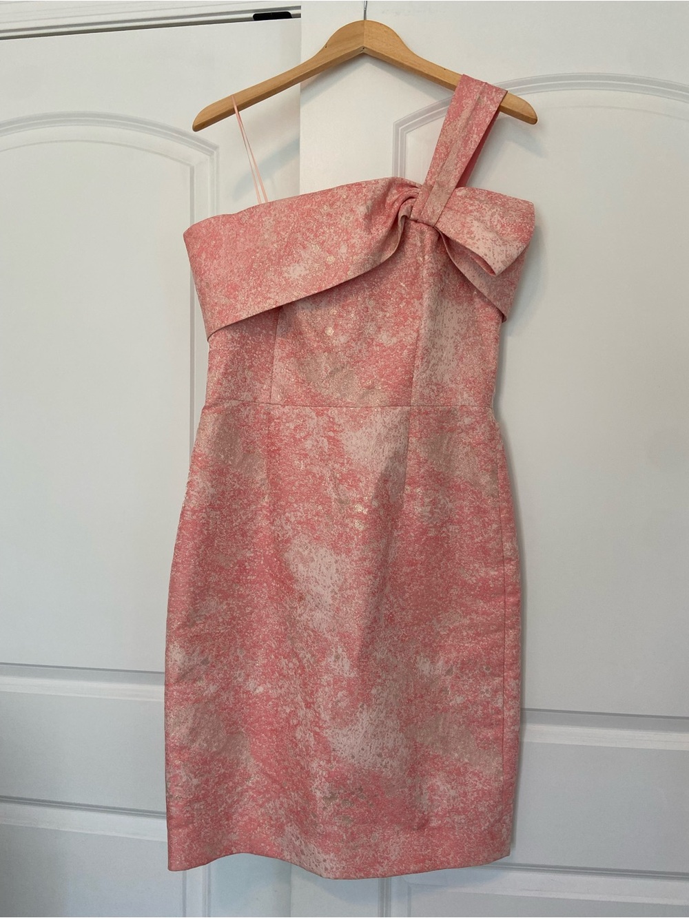 Teri Jon By Ricky Freeman Jaquard One Shoulder Cocktail Dress 10 Pink Gold Party